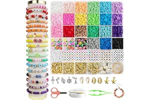 Redtwo 6200 Pcs Clay Beads Bracelet Making Kit, Flat Round Polymer Heishi Friendship Bracelet Jewelry Kit with Charms and Elastic Strings for Girls 8-12 Gifts for Kids