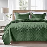 FLYMME Queen Quilt Bedding Set Olive Green Lightweight Bedspreads Full Size,Modern Style Geometric Weave Stripe Pattern,Soft Microfiber Bed Coverlet for All Season (1 Quilt, 2 Shams)