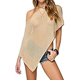 Women Sexy Sheer Cover Up Top Lightweight Knit Poncho Shrug Shawl Off The Shoulder Ruffle Cape Pullover Sweater