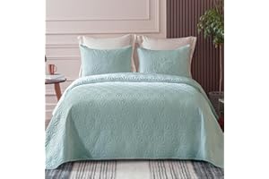 Whale Flotilla Queen Size Quilt Bedding Set, Soft Aqua Blue Queen/Full Quilts Bedspreads for All Seasons, Lightweight Geometric Star Pattern Coverlets - 3 Pieces(1 Quilt, 2 Pillow Shams)