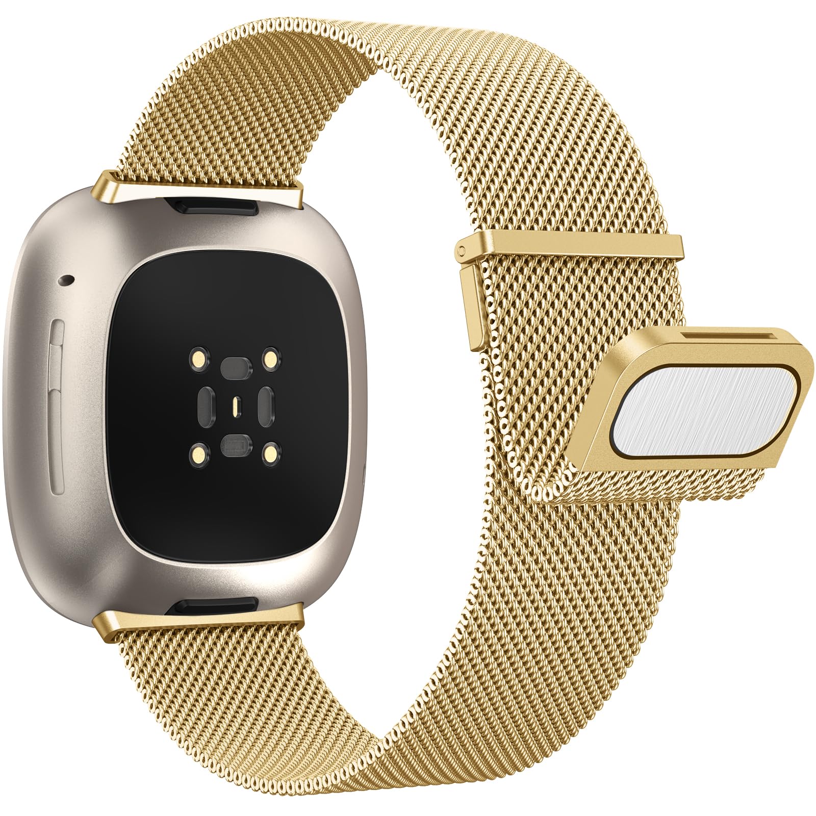 Yoohoo Straps Compatible with Fitbit Versa 3/Fitbit Versa 4/Fitbit Sense 2,Adjustable Stainless Steel with Double Magnetic Clasp Replacement Straps for Women Men/Gold