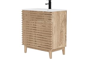 LUCKWIND 30" Bathroom Vanity with Sink Combo, Mid-Century Storage Cabinet with Wood Stripes, Ceramic Sink and Water Saving Faucet, Walnut