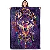 UNDAHIS Spirit Wolf Blanket, Soft Warm Cozy Tribal Wolf with Dreamcatcher Throw Blanket Gifts for Adults Women, Lightweight Fuzzy Comfy Flannel Blankets for Couch, Travel, Bed, House Decor 60×50 Inch