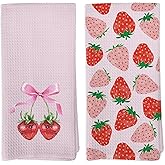 VRW Strawberry Kitchen Towels Set of 2, Preppy Coquette Spring Summer Pink Bow Hand Dish Towels for Kitchen College Dorm Room Bathroom Decor, Strawberry Gifts for Women Girls,16x24 Inches