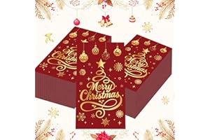 100 Pieces Christmas Disposable Cocktail Napkins, Merry Christmas Paper Napkins, Red Gold Foil 3 Ply Disposable Napkin, Xmas 