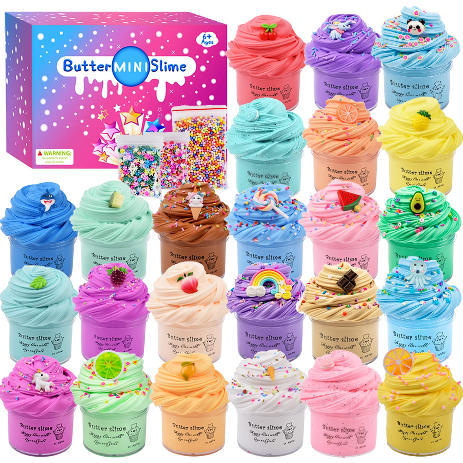 24 Pack Fluffy Slime Kit, with Cute Slime Charms, Super Stretchy and Non-Sticky, Stress Relief Putty Toy for Girl and Boys(24 * 60ml)