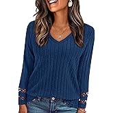 PRETTYGARDEN Women's Long Sleeve Shirts Ribbed Knit V Neck Tee Dressy Casual Blouses Going Out Tunic Tops 2026 Fall Outfits