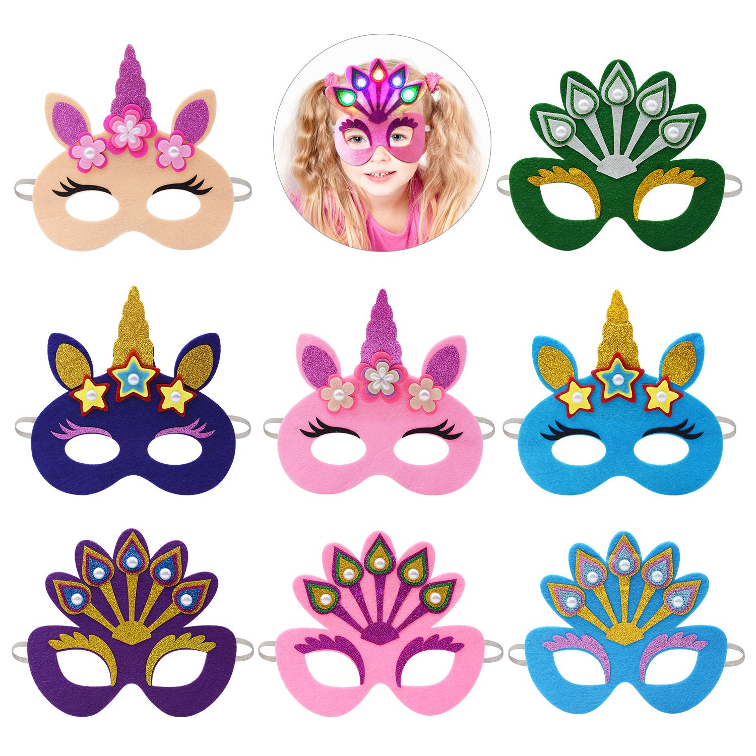 Halloween Party Mask, Fascigirl 8PCS LED Cartoon Eye Mask Unicorn Peacock Eye Mask for Kids Party Favors Costume Halloween Party Supplies for Adults Kids