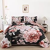 WONGS BEDDING Black Quilt Set Queen,3 Pieces Pink Floral Bedspreads Lightweight Botanical Coverlet Set for All Seasons, Reversible Quilted Printed Bedding Set with 2 Pillow Shams