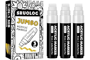 SRUOLOC 3 Jumbo Permanent Markers White, 15mm Thick Wide Tip, Large Acrylic Paint Markers for Rock Painting, Poster, Stone, Ceramic, Glass, Wood, Canvas