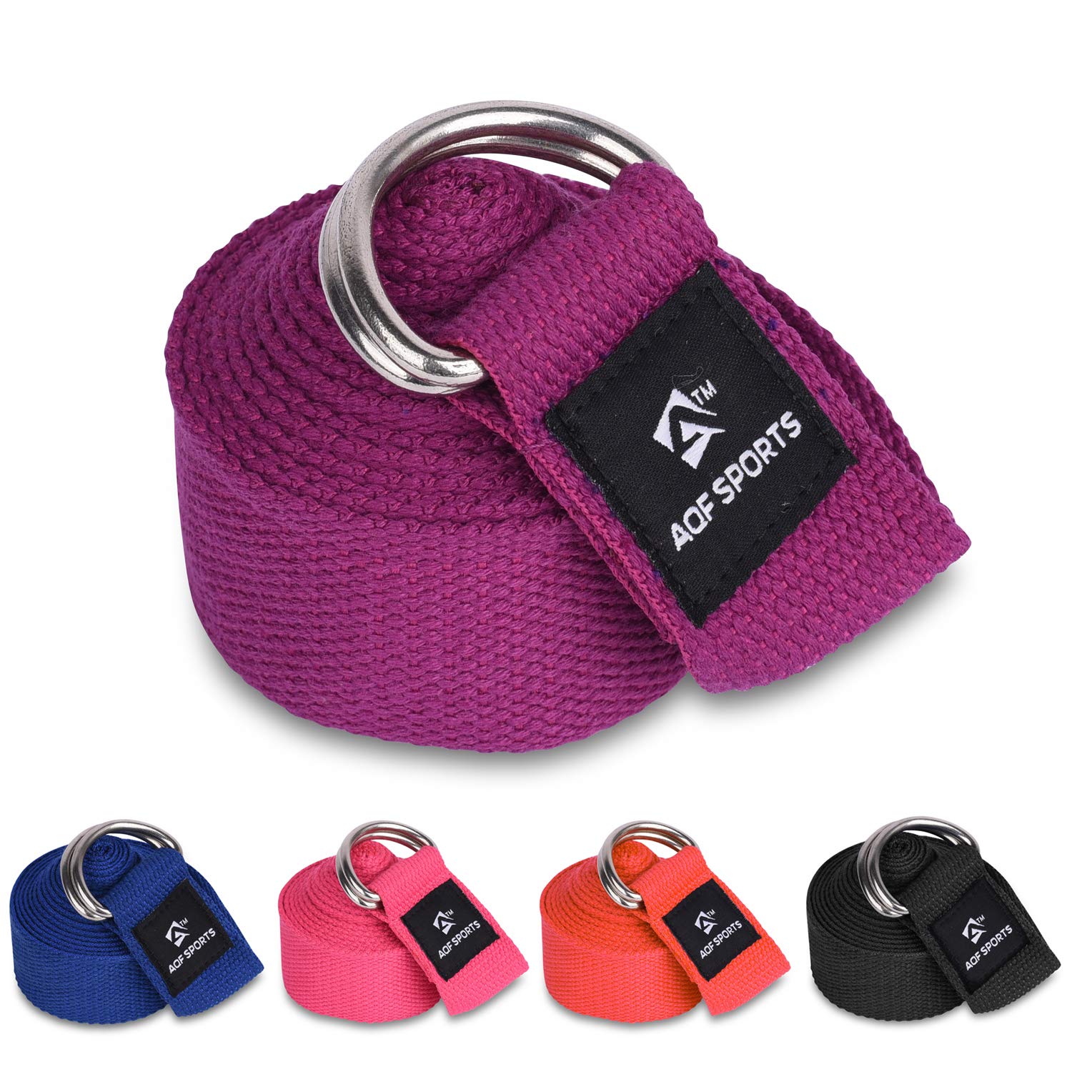 AQF Yoga Strap 1.8M, 2.4M, 3M Soft Cotton Leg Stretcher with D-Ring Buckle Adjustable Fitness Belt for Leg Stretching & Body Stretch Band (Purple, 2.4M)