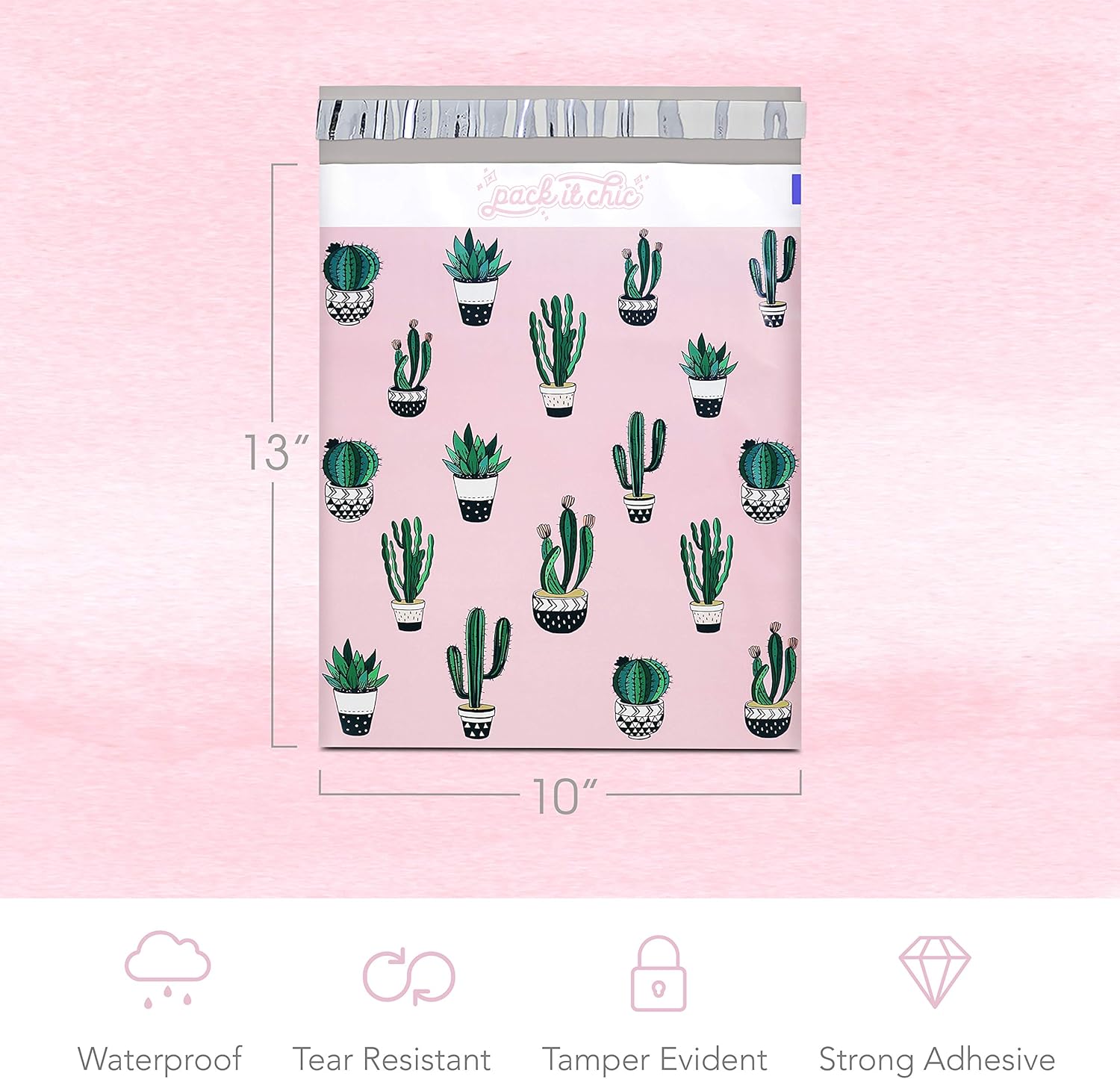 Pack It Chic - 10X13 (100 Pack) Cactus & Succulents Poly Mailer Envelope Plastic Custom Mailing & Shipping Bags - Self Seal (More Designs Available) : Office Products