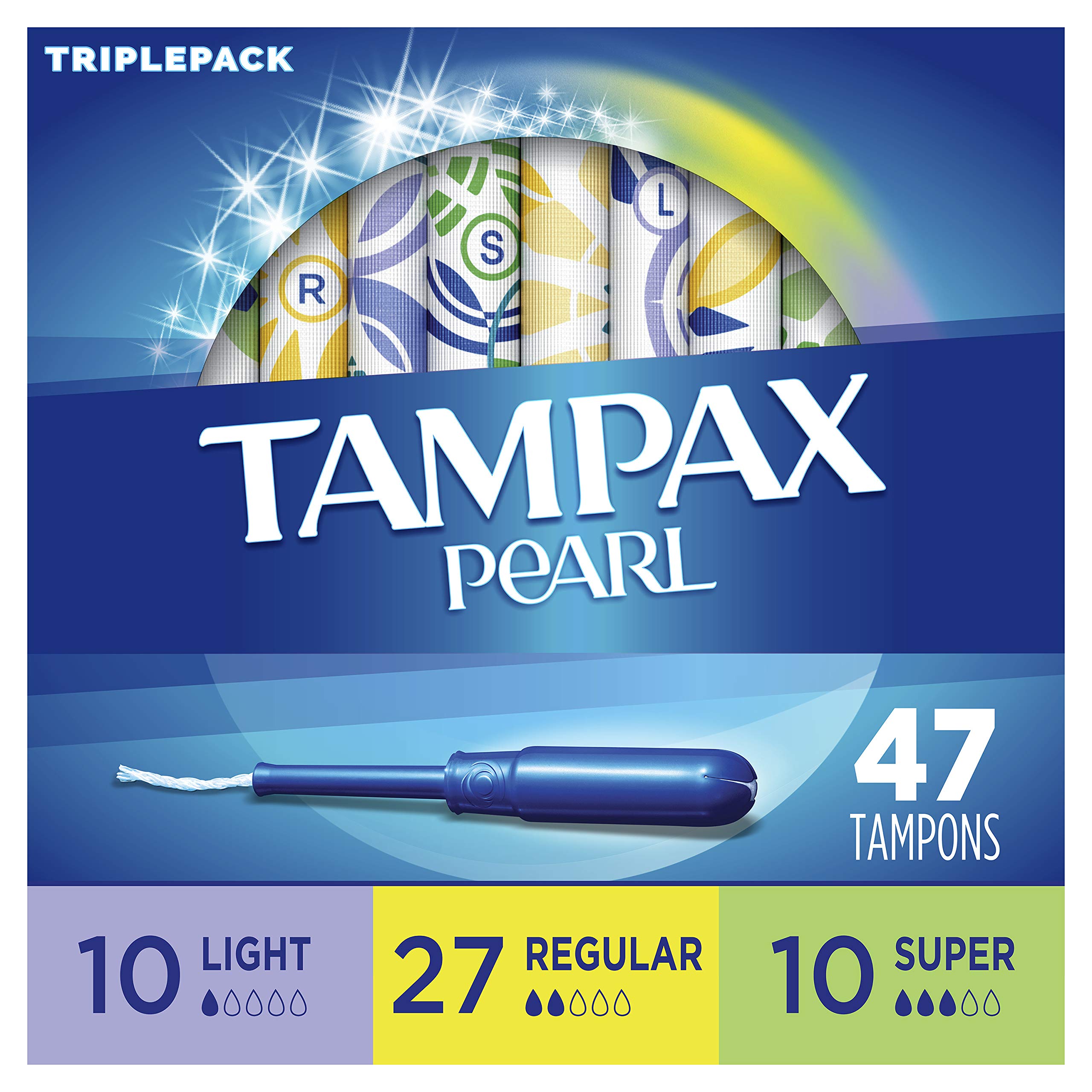 Tampax Pearl Plastic Tampons, Multipack, Light/Regular/Super Absorbency, W, Unscented, 47 Count