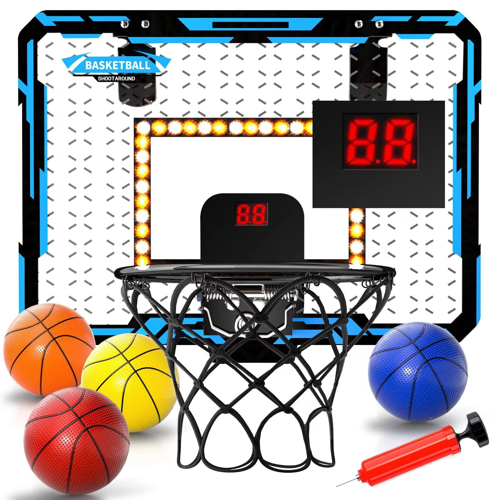 Photo 1 of Mini Basketball Hoop for Kids Scoring Basketball Hoop blue Light, LED Basketball Hoop Indoor with Lighted Electronic Scoreboard & 4 Balls, Basketball Toys for 3 4 5 6 7 8 9 10 11 12 Year Old Boys