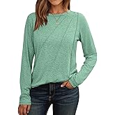 AUTOMET Womens Pleated Long Sleeve Tunic Tops - Loose Fit Crewneck Casual Shirts, Soft Lightweight Everyday Basic Clothes