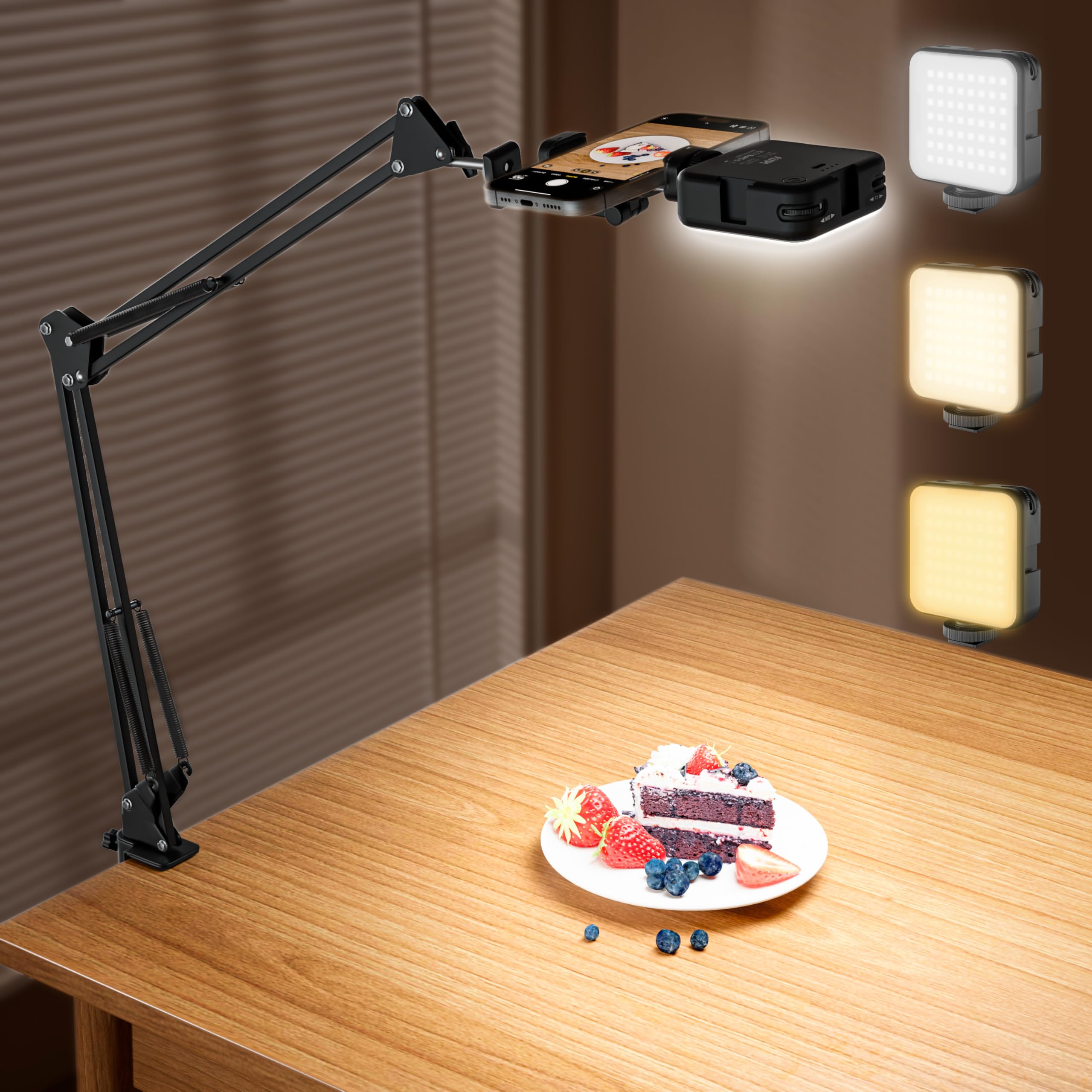 Overhead Phone Mount with LED Selfie Light and Bluetooth Remote, Rechargeable Camera Light Tripod Stand with Flexible Boom Arm, Desk Phone Holder for Video Recording, Live Streaming, TikTok, Vlogging