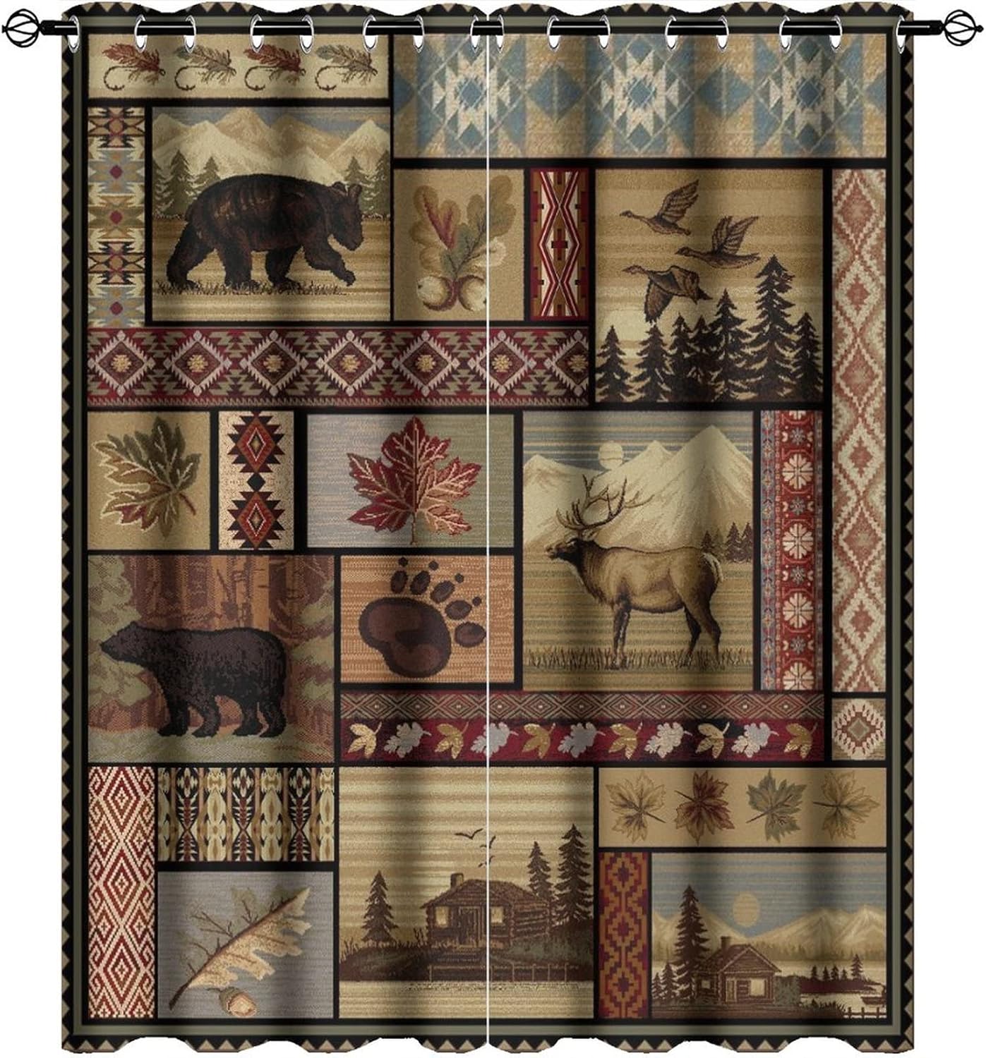 Outdoor Curtains - Kazynee Vintage Deer Bear Farmhouse Ultra Soft Premier Blackout Curtains,Retro Cabin Lake Country Lodge MooseThermal Insulated Bedroom Noise Reducing Patio Door Grommet Top,2 Panels 45L x 21W