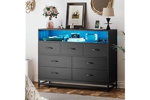 Modern Wide 7-Drawer Storage Dresser, Wood Long Chest with LED Lights & Built-in Charging Station, Large Capacity Organizer f