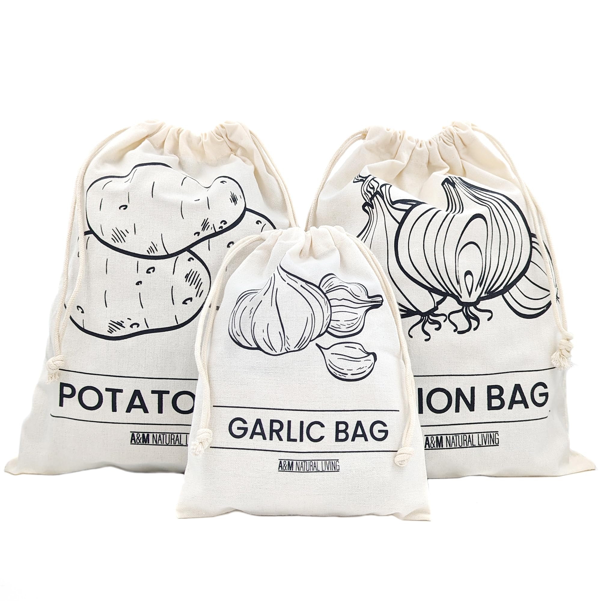 A&M Natural Living Potato Bag, Onion Bag and Garlic Set of 3, 30cm x 40cm Storage Storage, 20cm 25cm Eco Friendly Cotton Material with Drawstring Closure