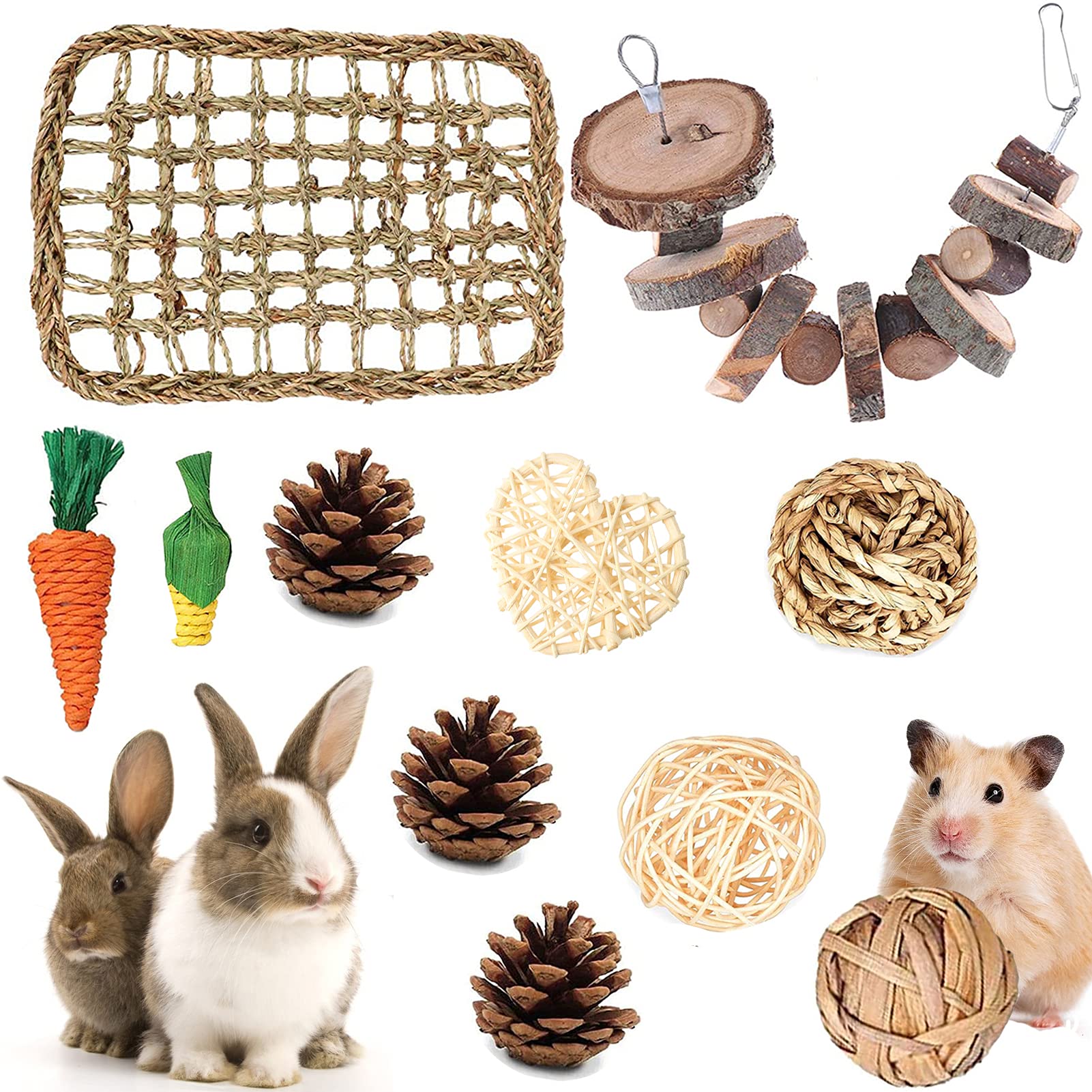 LLGLEU Rabbit Guinea Pig Chew Toys, Activity Play Ball Corns Carrot Toy Natural Seaweed Mat for Rabbit Chinchilla Hamster Guinea Pigs Bunny (Style 1)