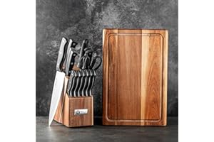 Knife Block with Kitchen Knives Set and Wood Cutting Board with Groove, Stainless Steel Knife for Kitchen Chef Knife Set and 