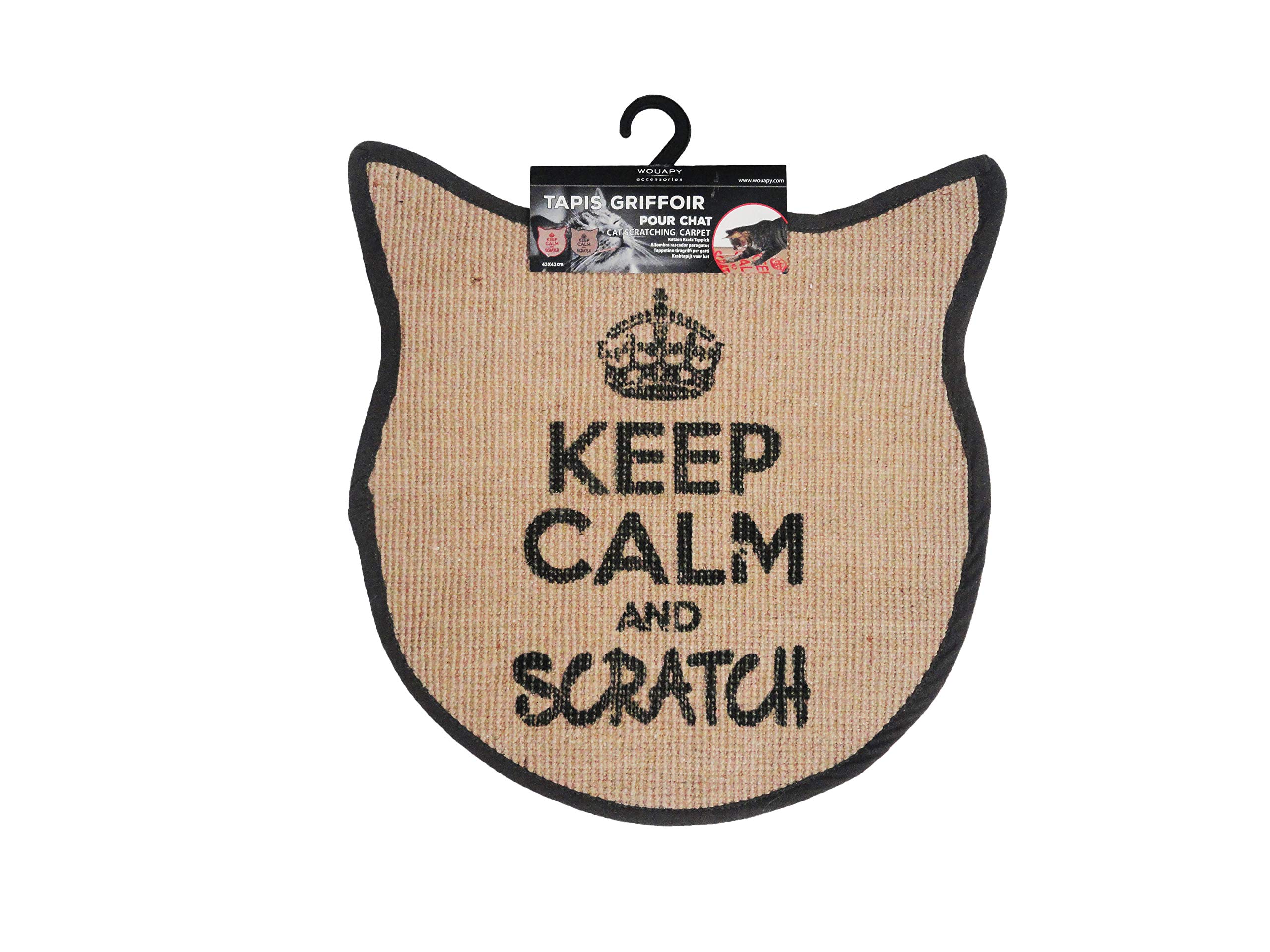 Wouapy Cat Head scratching mats in sisal, design scratcher with grey writing,