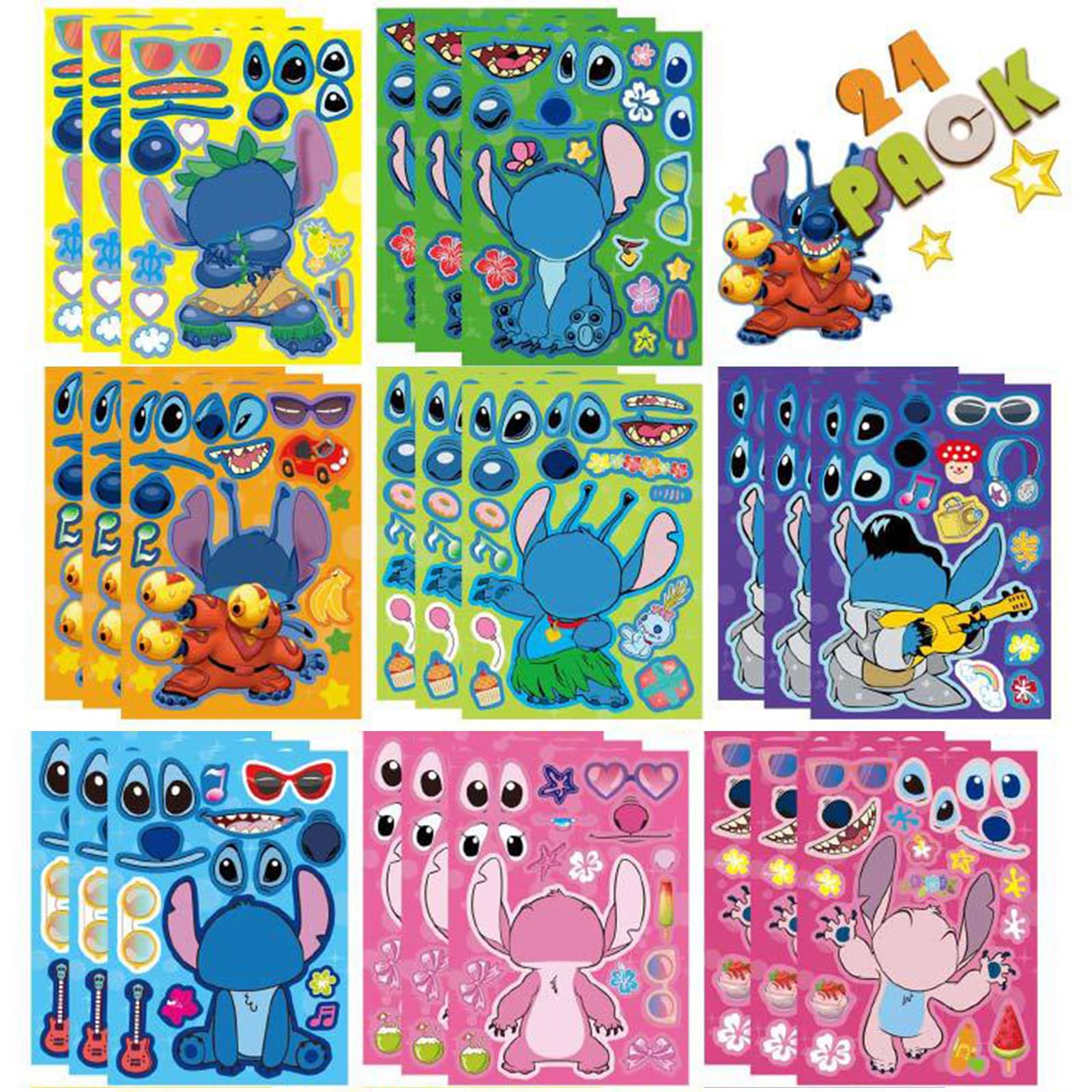 Photo 1 of 24 Sheets Cute Stickers,Mixed & Matched with 8 Designed Characters(3 of Each) Stickers, Cartoon Party Favors, Gifts for Her (Blue)
