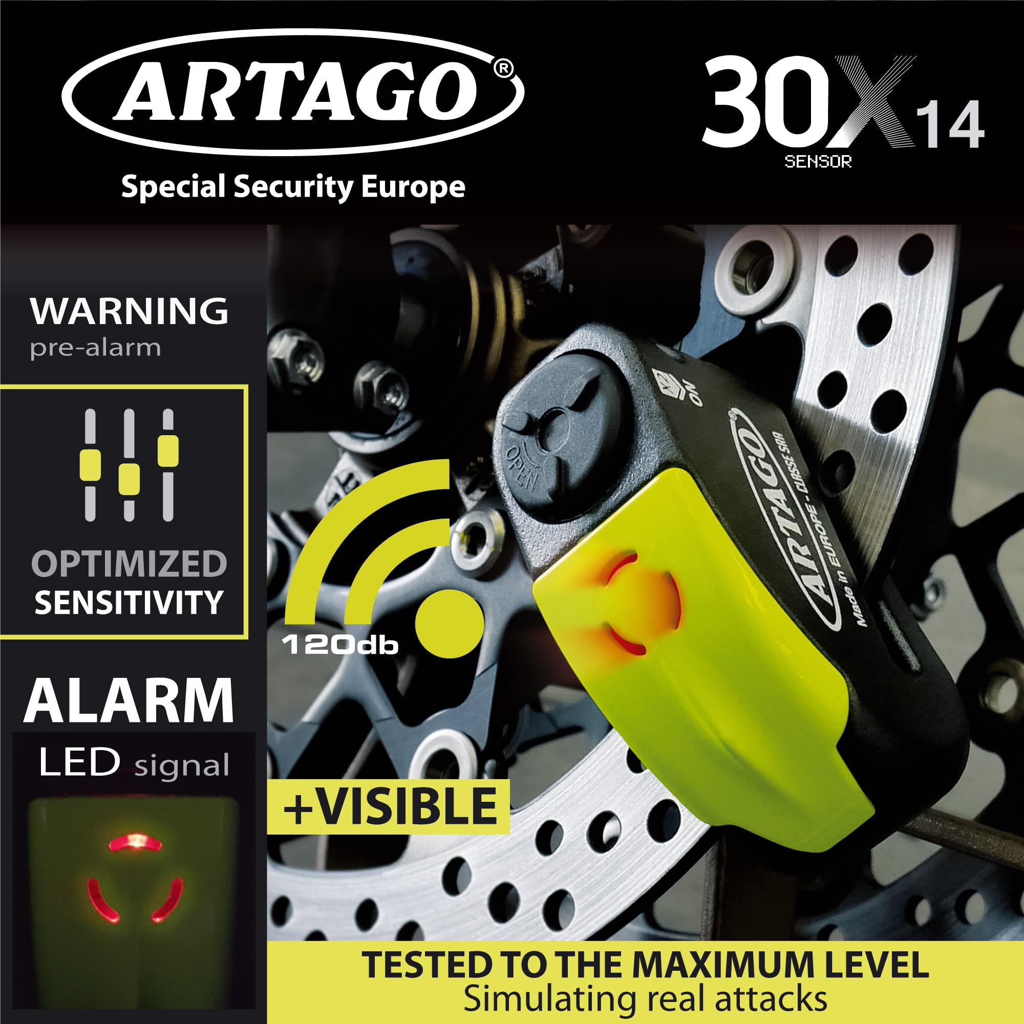 Artago 30X14 High-End Motorcycle Disc Lock with or Without Alarm, Don't Touch System 120dB, Sold Secure & SRA Approved, Disc 5mm Anti-Drill, 14mm Double Locking, Moto Anti Theft Wheel Brake Lock