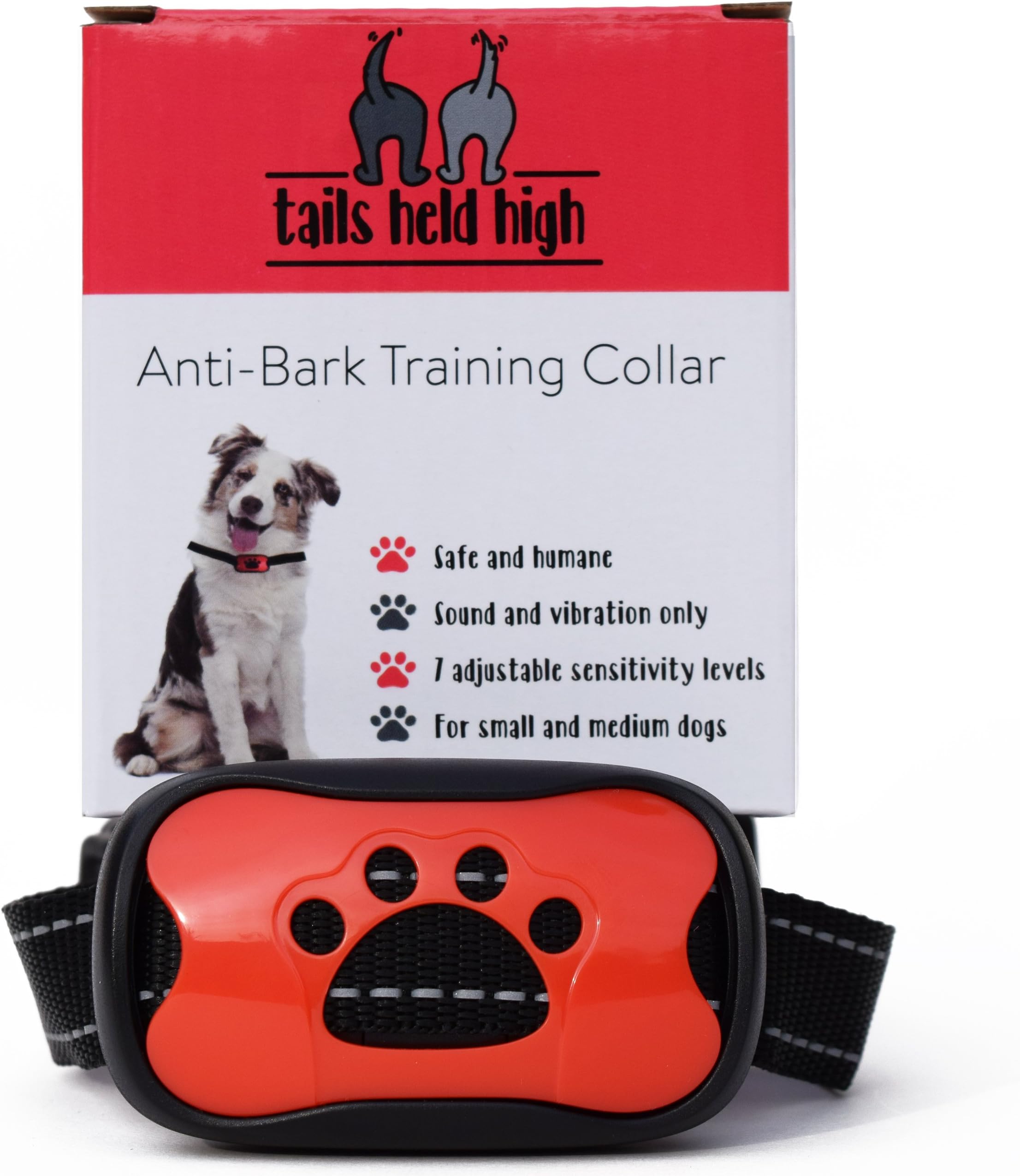 Tails Held High Anti Bark Dog Training Collar uses Sound and Vibration Only, Safe and Humane No Barking Device, 7 Adjustable Sensitivity Levels for Puppy, Small, Medium, Large Dogs