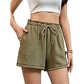 Women's Cotton Crinkled Lounge Shorts High Waist Drawstring Summer Casual Shorts with Pockets