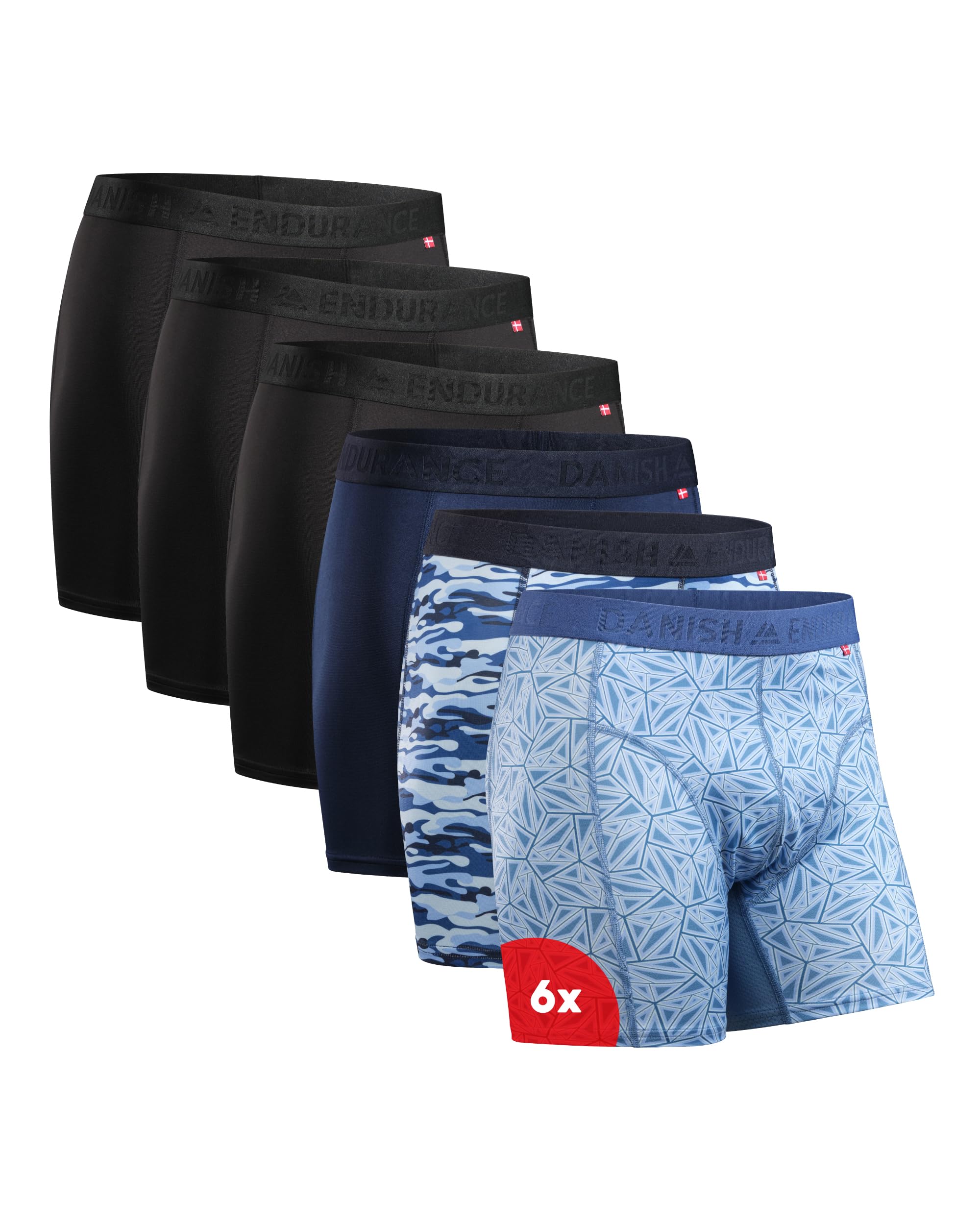 DANISH ENDURANCE 6er Pack Sport Boxershorts Herren, Mit regulärem oder langem Bein, 3X Schwarz, 1x Blau, 1x Camo, 1x Mosaik, M