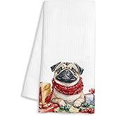 FTKBGHY Christmas Pug Kitchen Towels, Gifts for Pug Lovers, Funny Xmas Dog Gift Boxes Decorative Dish Hand Tea Towels for Bathroom, Christmas Kitchen Bathroom Decor, 16x24 Inch