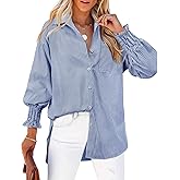 Gleeivy Womens Oversized Button Down Shirts Striped Smocked Cuff Long Sleeve Fall Blouses with Pocket Casual Collar Work Tops