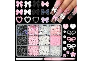 BELICEY 600PCS 3D Nail Charms and Flatback Pearls 3 Colors Bows Nail Art Charms Flower Heart Shaped Nail Charms Cute Kawaii Pretty Nail Beads Charm for Manicure DIY Crafts Jewelry Accessories