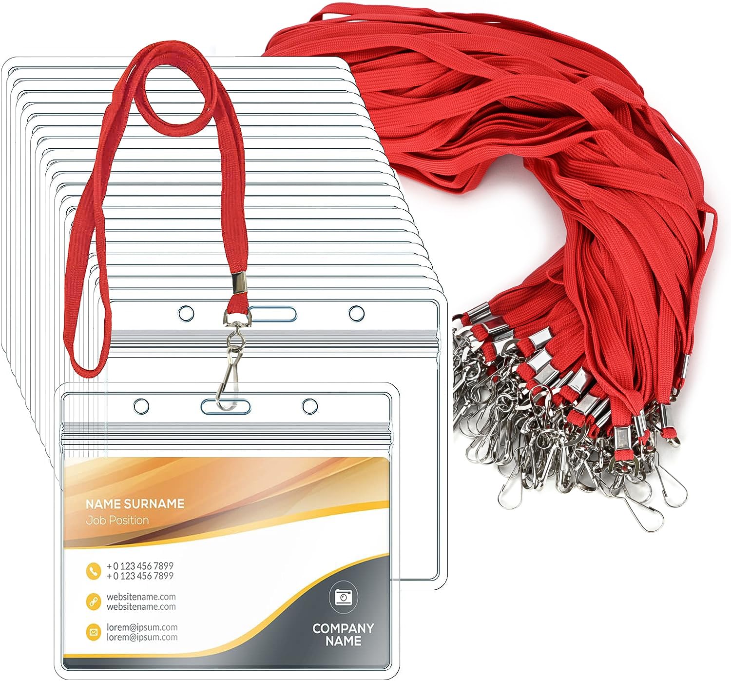 50 Pack Clear Plastic Horizontal Name Tags Badge ID Card Holders and 50 Pack Flat Neck Lanyards with Swivel Hook, Red — image 1