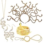 Kathfly 5 Pcs Halloween Medusa Snake Costume Necklace and Earrings Medusa Snake Headband Adjustable Finger Ring and Bracelet Hand Chain Gold Rhinestone Jewelry Accessories for Women