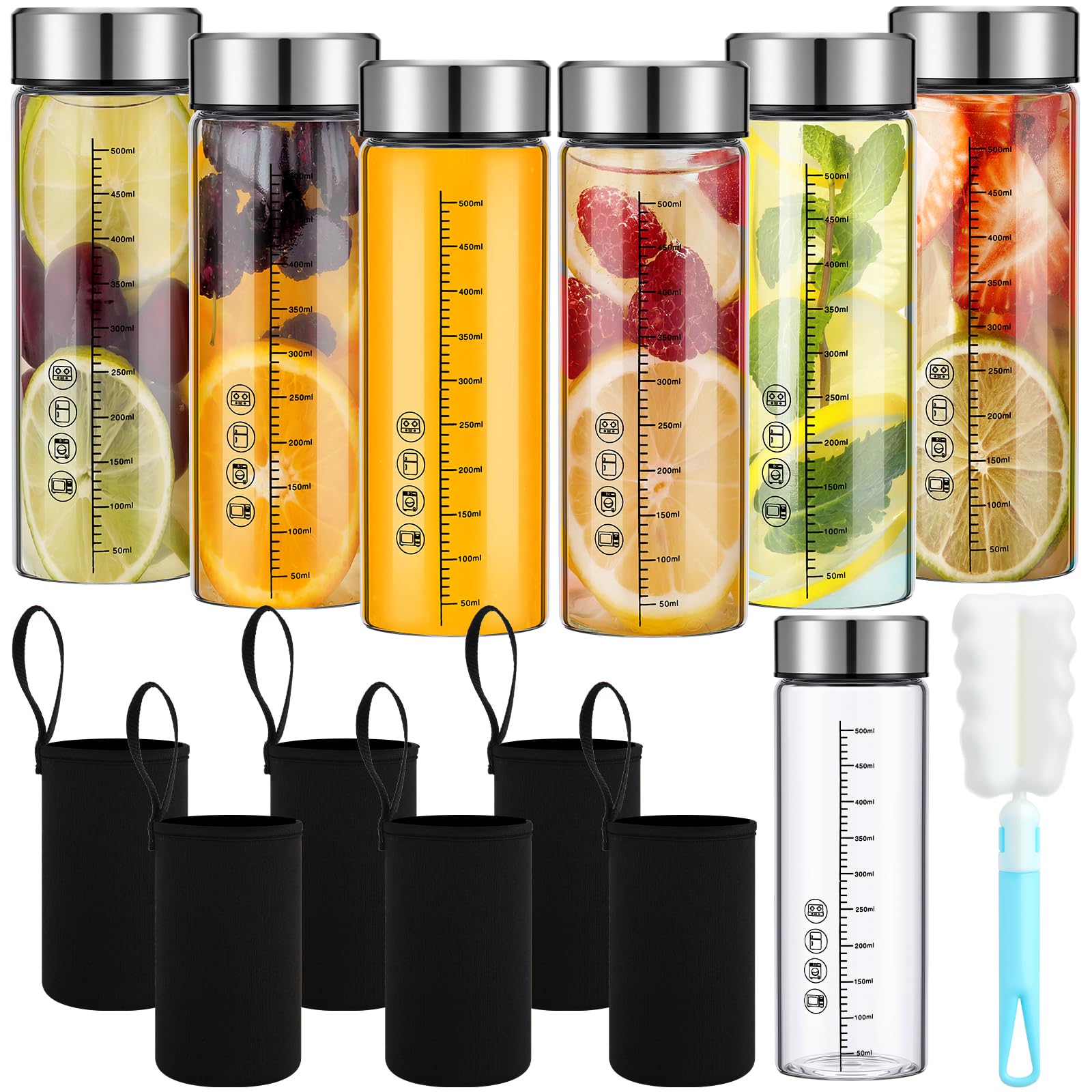 Photo 1 of Vesici 6 Pack Wide Mouth Glass Juice Bottles Glass Water Bottles with Lids and Sleeve for Juicing Smoothies Milk Protein Infused Water Reusable Leakproof Borosilicate Bottle (16 oz)