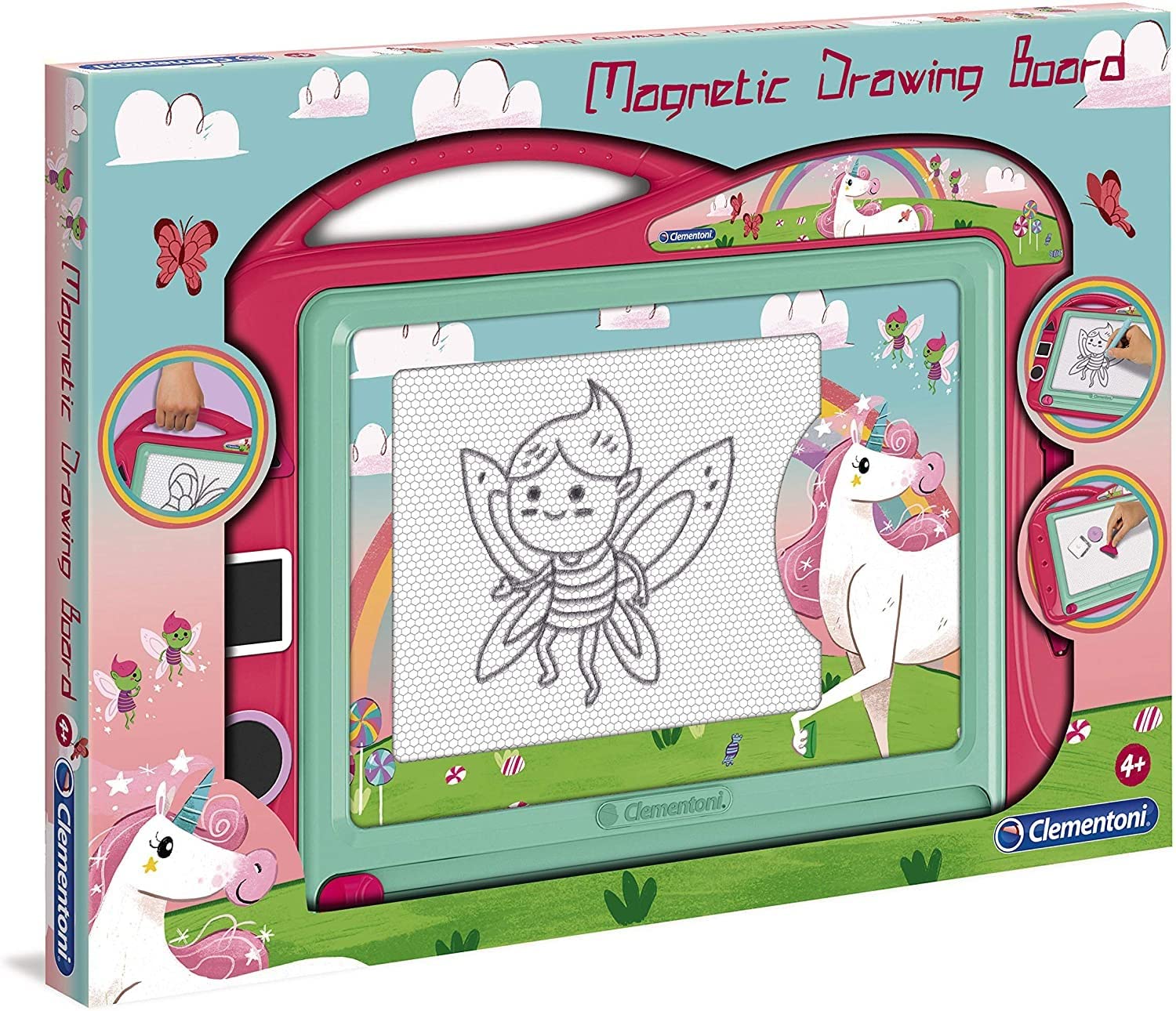 Clementoni 18569 Magic Board Unicorns, Magnetic Drawing Board for Drawing and Painting, Erasable & Reusable, with 3 Stencils, Creative Toy for Children from 4 Years