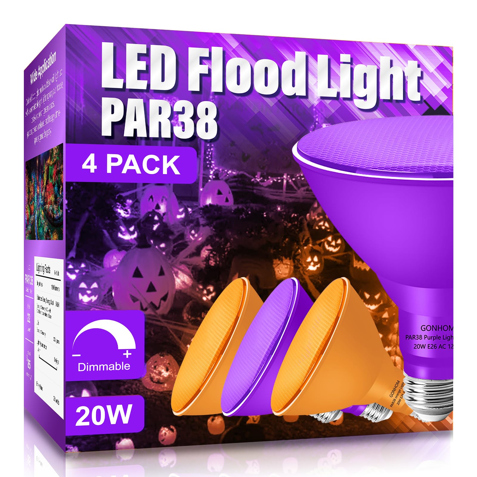 Gonhom PAR38 Flood Lights Outdoor,Dimmable LED Flood Light Bulbs,20W(Equivalent to 200W),E26 Base,Outdoor Porch,Holiday Lighting,LED Flood Light Bulb for Halloween,Christmas,4 Pack Orange Purple Image Gonhom PAR38 Flood Lights Outdoor,Dimmable LED Flood Light Bulbs,20W(Equivalent to 200W),E26 Base,Outdoor Porch,Holiday Lighting,LED Flood Light Bulb for Halloween,Christmas,4 Pack Orange Purple Image