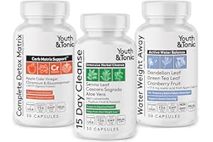 Youth & Tonic 3PK Detox Cleanse for Weight Management & Bloating Support – 15 Day Colon & Gut Cleanse, Water Weight Away & Detox Matrix Complex – 90 Pills