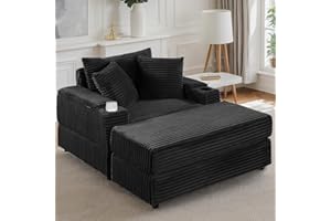 Tassullo Oversized Indoor Lounge Chaise Chair with Ottoman, Wide Corduroy Upholstered Sofa Chaise Pocket Spring Cushion, Cozy Living Room Chair with Storage Armrest & Cupholders (Black)