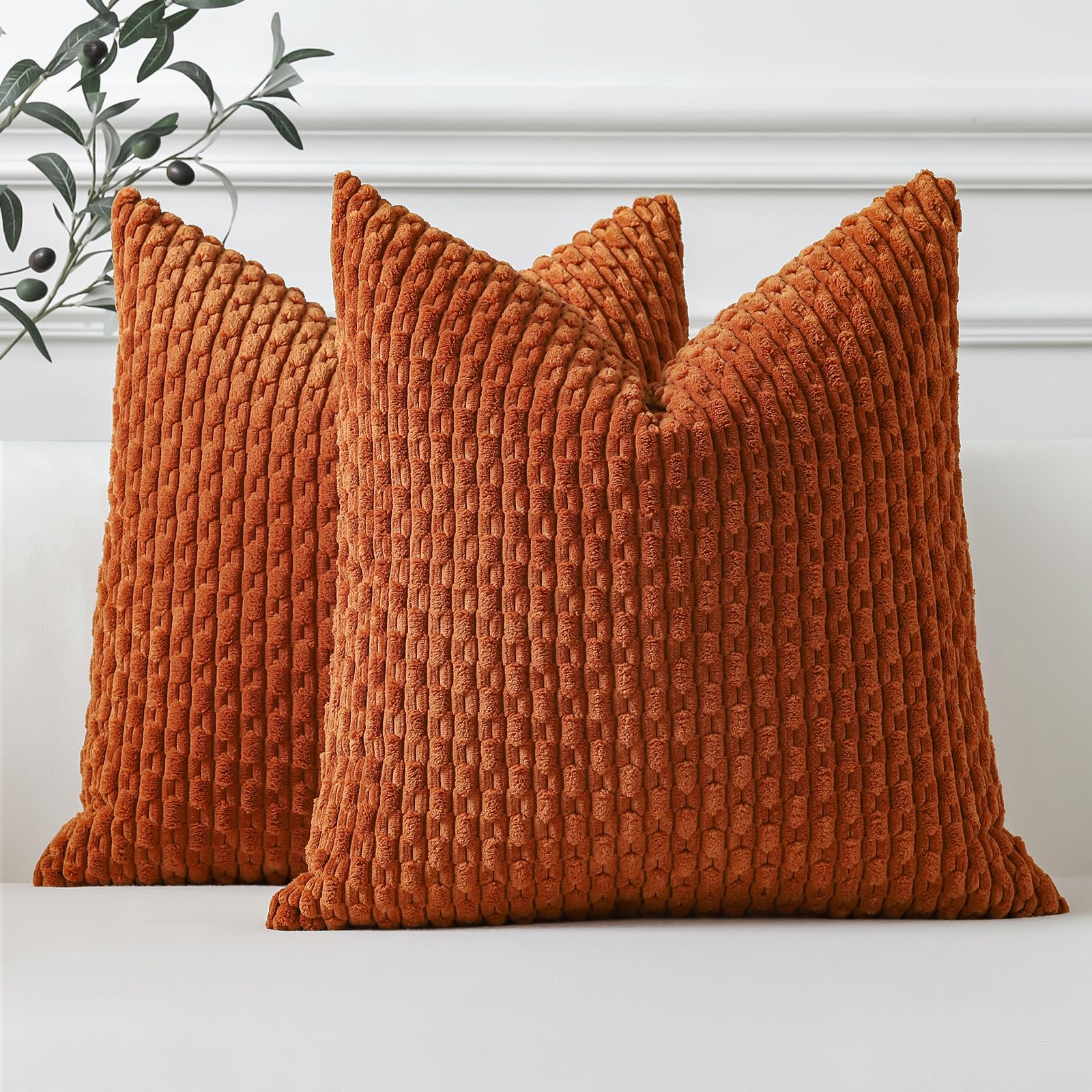 Sungeek Set of 2 Rust Soft Corduroy Decorative Cushion Covers Boho Striped Throw Pillow Covers for Sofa Couch Living Room Patio Farmhouse Home Decor Pillowcases 60x60cm