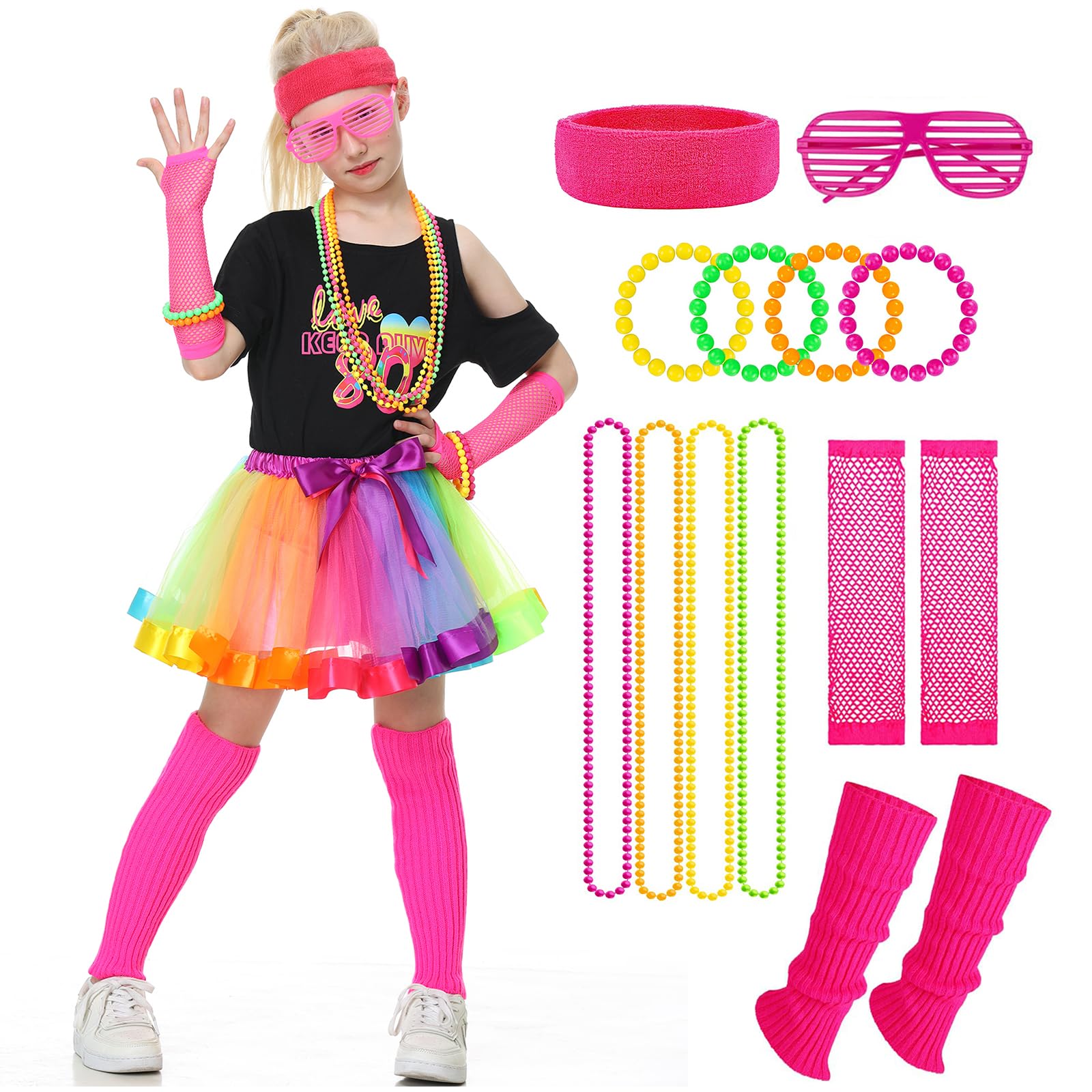Firecos 80s Costumes for Children Cosplay Theme Suit Fancy Dress 80s Outfit Dress Accessories Set with Short Sleeve Tutu Skirt for Party Dress up for Girls (110CM)