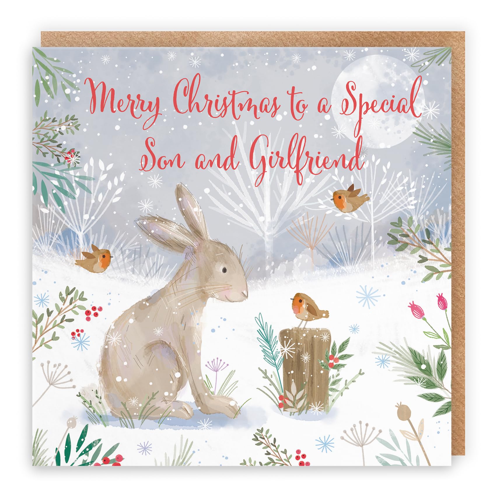 Hunts England - Son And Girlfriend Cute Hare Christmas Card - Nature's Treasures - Happy Animal Wildlife Cute Merry Xmas Card - Robins And Snow - From Mum, Dad, Parents