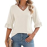 LOMON Womens 3/4 Sleeve Tops Summer Loose V-Neck Shirts Dressy Casual Ruffle Sleeve Tunic Blouses