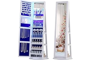 Lvifur 360° Rotating Full Length Mirror Jewelry Armoire, 63” Large Capacity Jewelry Organizer Armoire, Lockable Jewelry Mirror Cabinet with Rear Storage Shelves