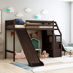 Cama loft con tobogán ajustable, cama baja para niños con escalera y
