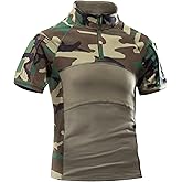 AKARMY Men's Military Short Sleeve T-Shirt, Tactical Cargo Pullover Polo Shirts, Outdoor Camo Shirt with 1/4 Zipper