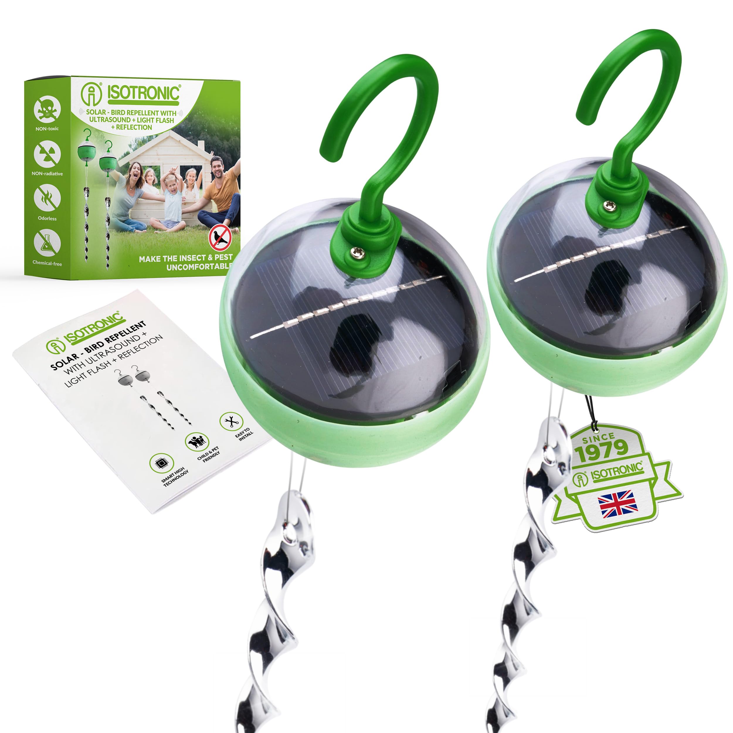 ISOTRONIC Solar Bird Repellent with 4-Way Effect by Motion, Ultrasound, Blue Light & Silver Reflectors - Bird Deterrent for Repelling Birds & Pigeons - Pigeon Repellent for Balcony & Garden (Pack of 4