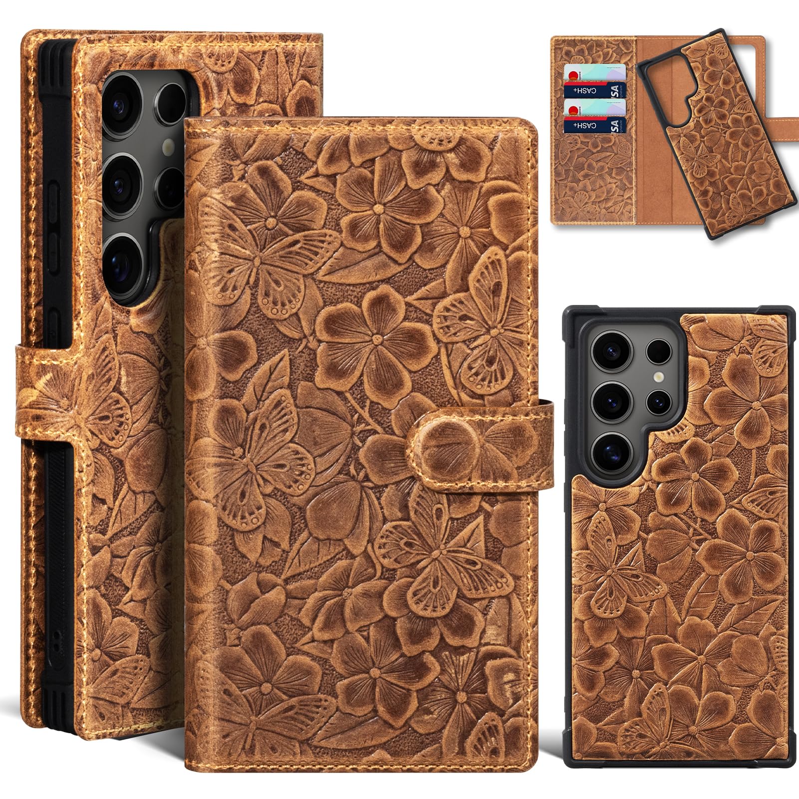 Photo 1 of Thryxop Genuine Leather Magnetic Detachable Wallet Case for Samsung Galaxy S25 Ultra - 2-in-1 Flip Folio Cover with Card Slots & RFID Blocking | Shockproof Protection (Brown)
